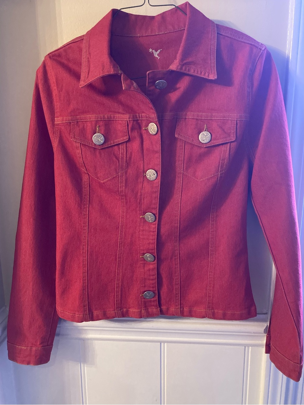 Classic Red Denim Jean Jacket by Beija-Flor— Button-Front Casual Layer